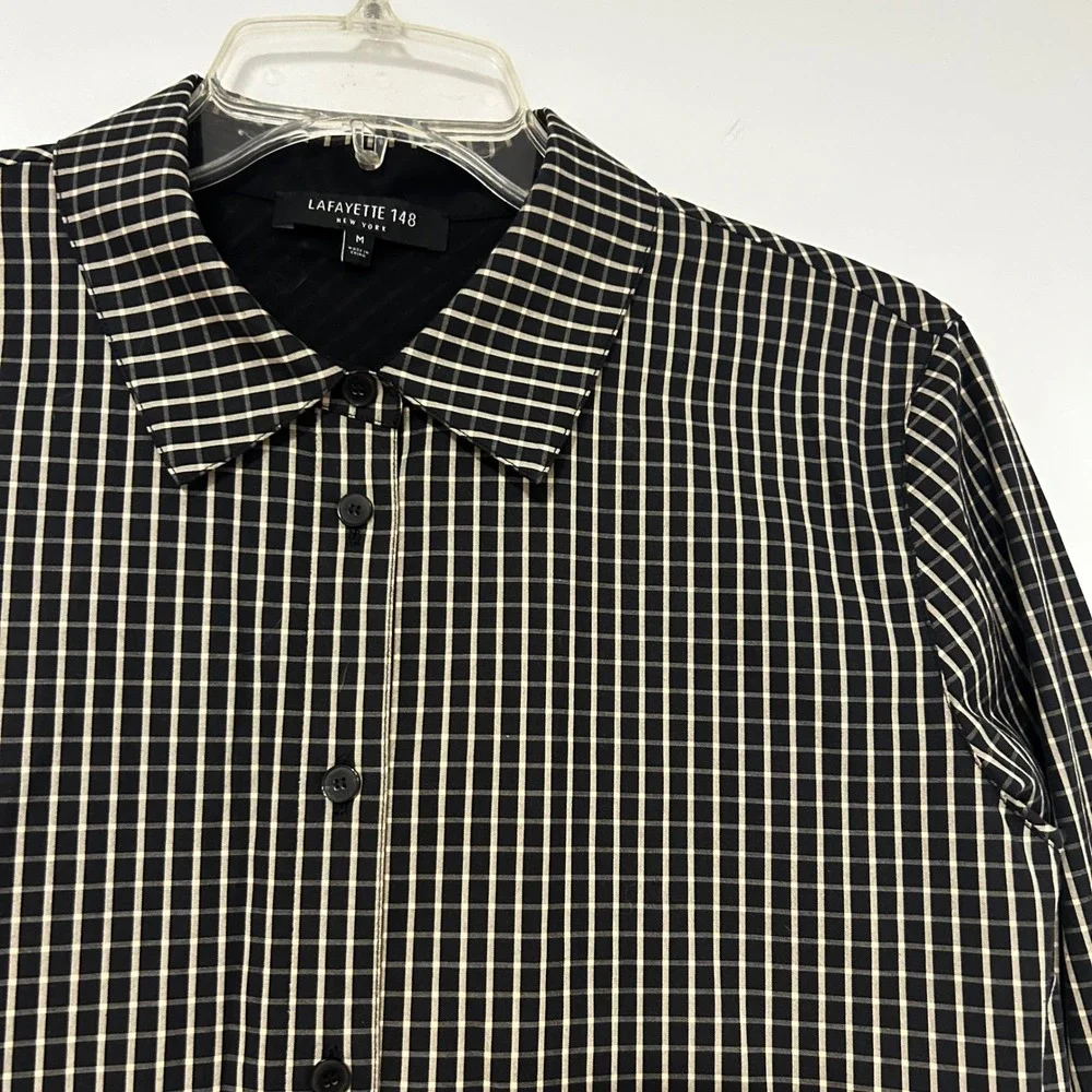 Lafayette 148 New York Womens Black White Grid Plaid Button Down Shirt Size M - Picture 2 of 7